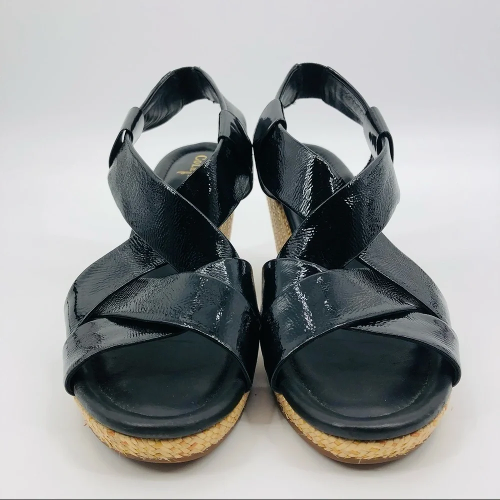 Cole‎ Haan Nike Air Dinah Black Patent Leather Platform Wedge Sandal Size 10AA